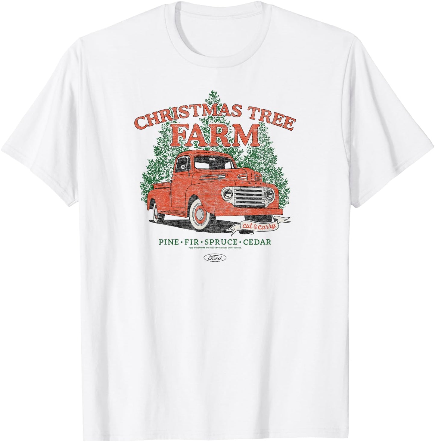 Ford - Vintage F3 1949 Red Truck Christmas Tree Farm T-Shirt - T-Shirt | White