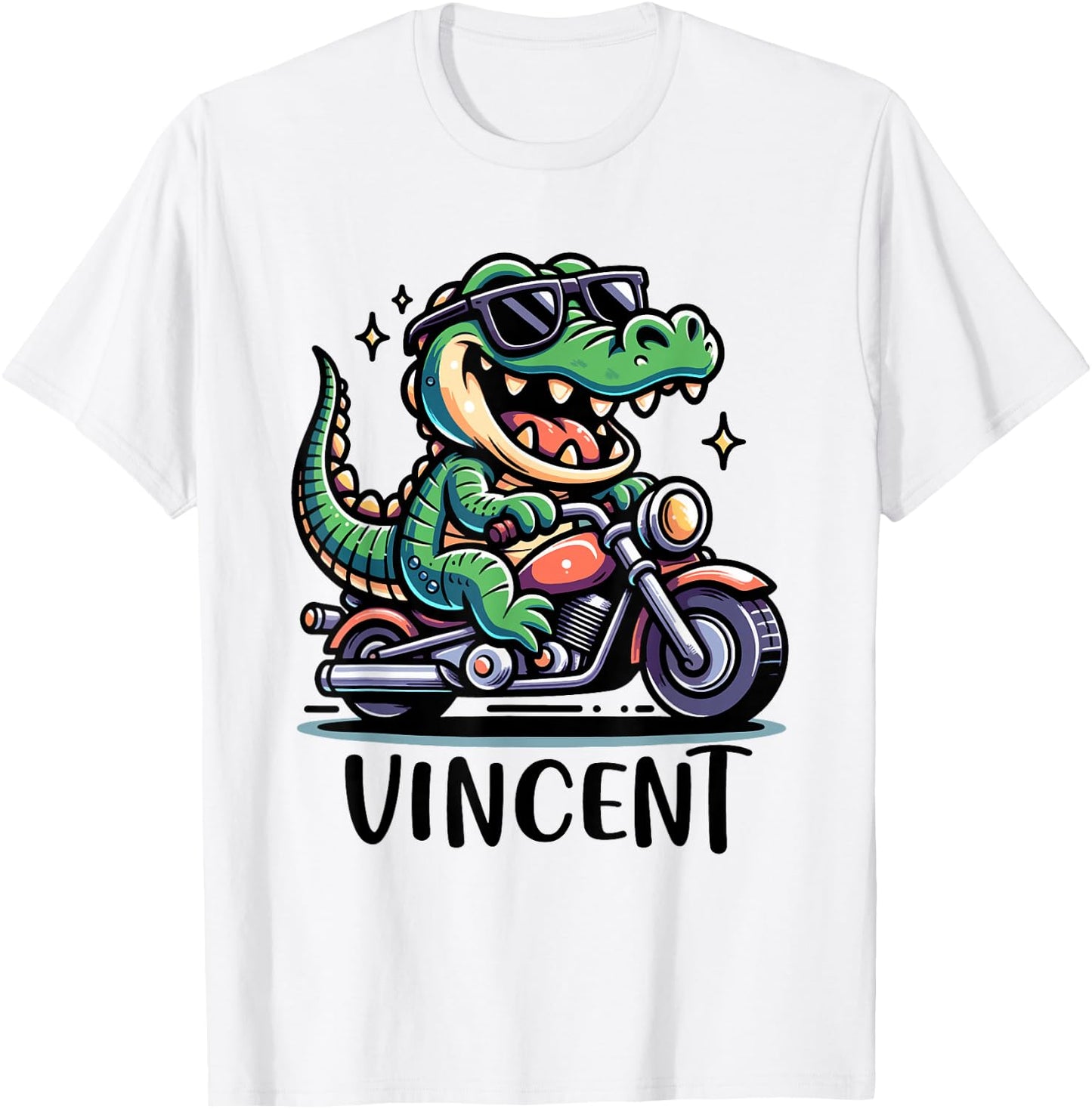 Vincent Alligator Motorcycle Design for Boys Name Vincent T-Shirt - T-Shirt | White