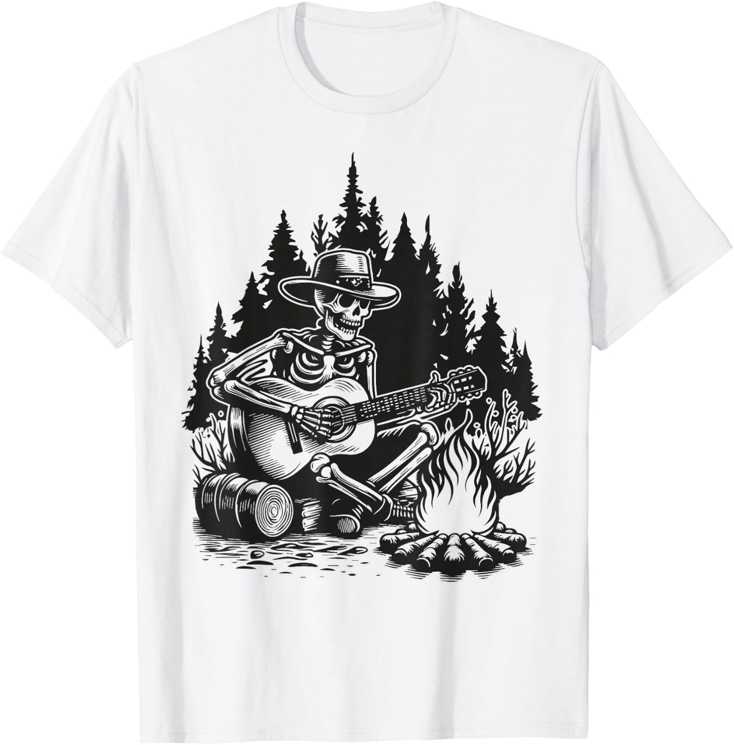 Camp Skeleton Country Music Campfire Skeleton Playing Guitar T-Shirt - T-Shirt | White