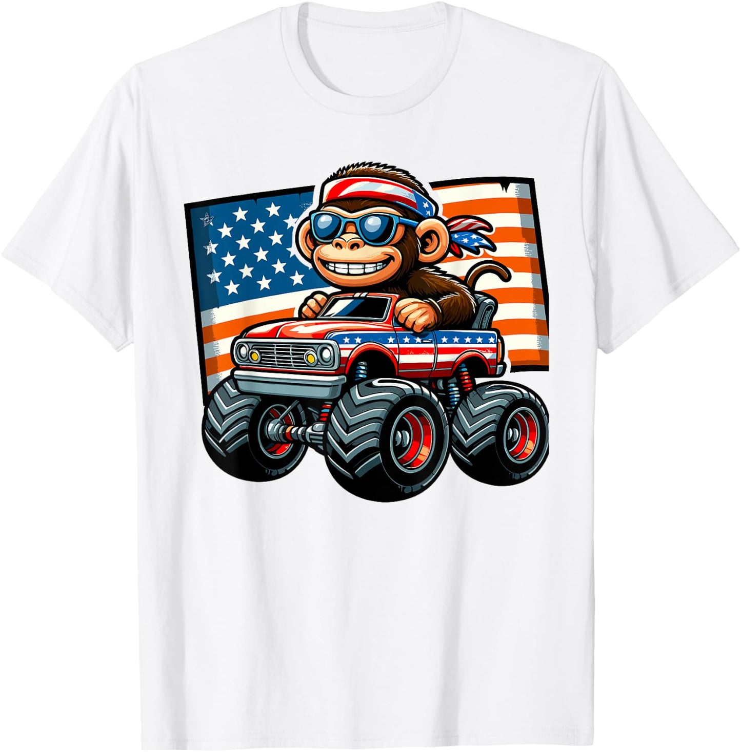 Patriotic Monkey 4th July Monster Truck American Women Kids Men T-Shirt - T-Shirt | White