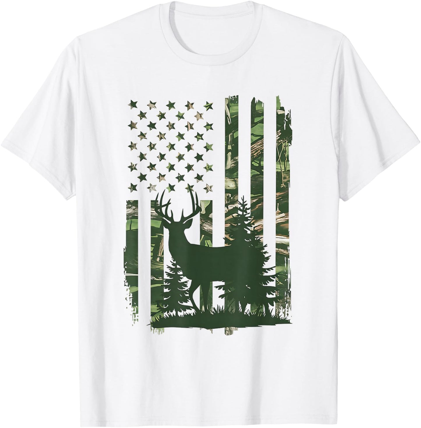 Camo Deer Hunting American Flag Whitetail Hunter USA Graphic T-Shirt - T-Shirt | White