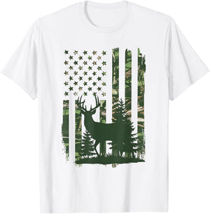 Camo Deer Hunting American Flag Whitetail Hunter USA Graphic T-Shirt - T-Shirt | White