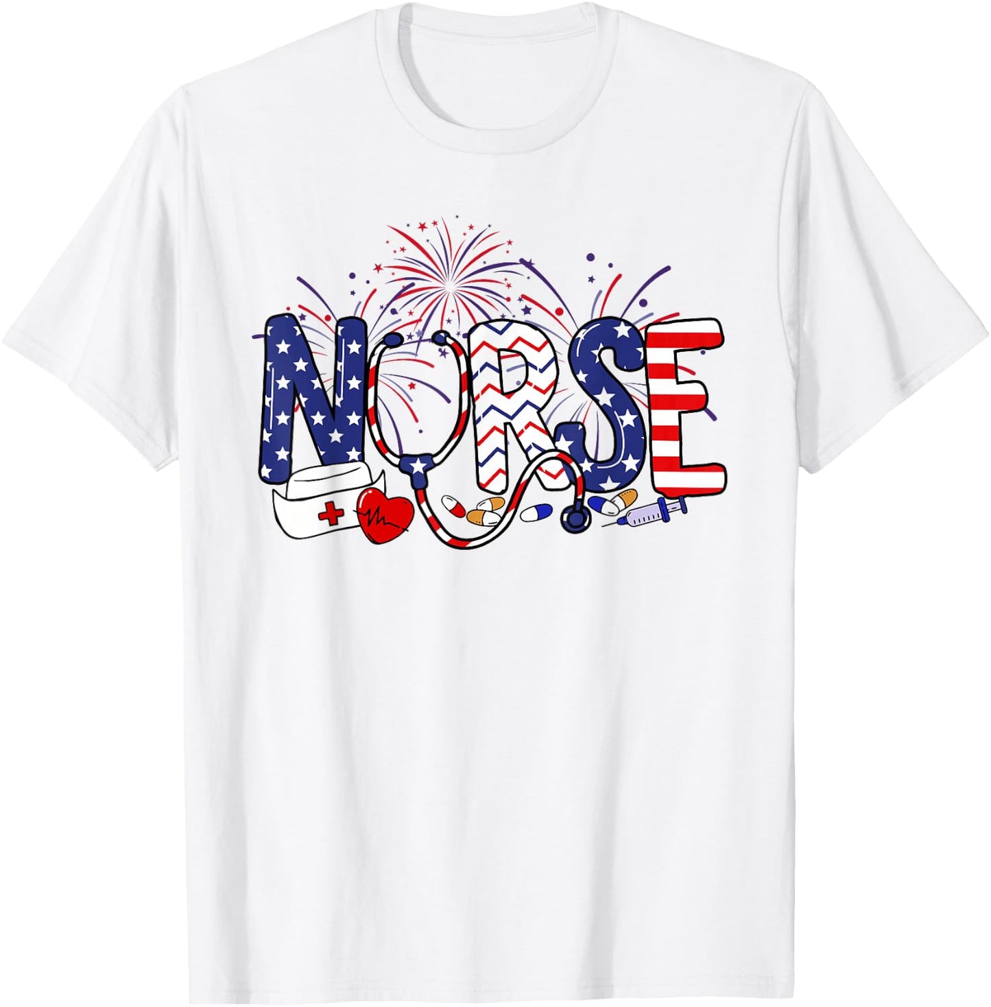 American Nurse 4th of July Nurse Stethoscope Nursing T-Shirt - T-Shirt | White