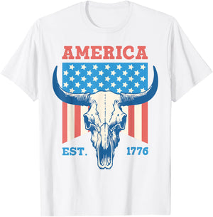 America Est 1776 Vintage Bull Skull US Flag 4th of July Women Kids Men T-Shirt - T-Shirt | White
