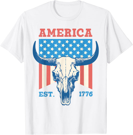 America Est 1776 Vintage Bull Skull US Flag 4th of July Women Kids Men T-Shirt - T-Shirt | White