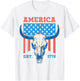 America Est 1776 Vintage Bull Skull US Flag 4th of July Women Kids Men T-Shirt - T-Shirt | White