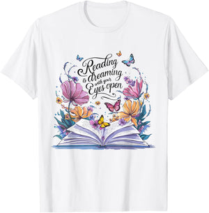Reading is Dreaming With Your Eyes Open Floral Butterfly T-Shirt - T-Shirt | White