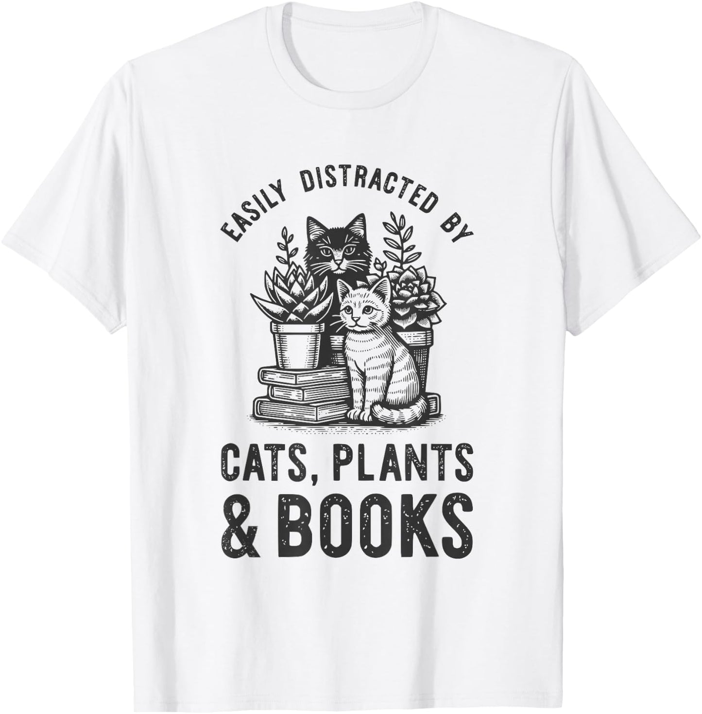 Cats Plants And Books Shirt Funny Plant Lover Gift Gardening T-Shirt - T-Shirt | White