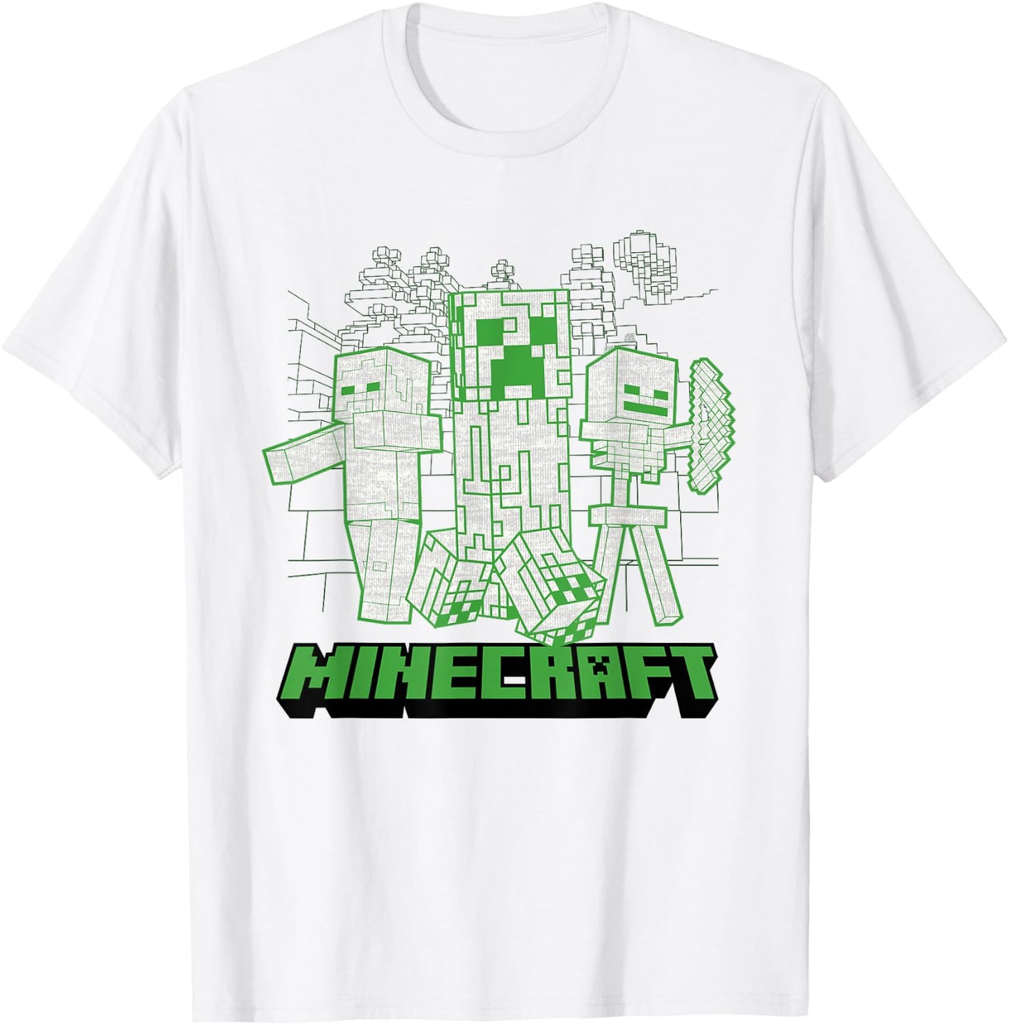 Minecraft Creeper Zombie Skeleton Line Art Mashup T-Shirt - T-Shirt | White