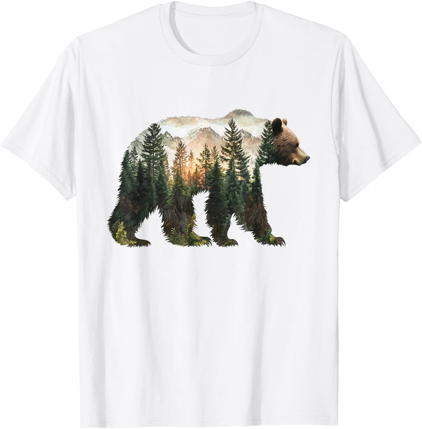 Bear Forest Mountains Trees Nature Sunset Outdoor Graphic T-Shirt - T-Shirt | White
