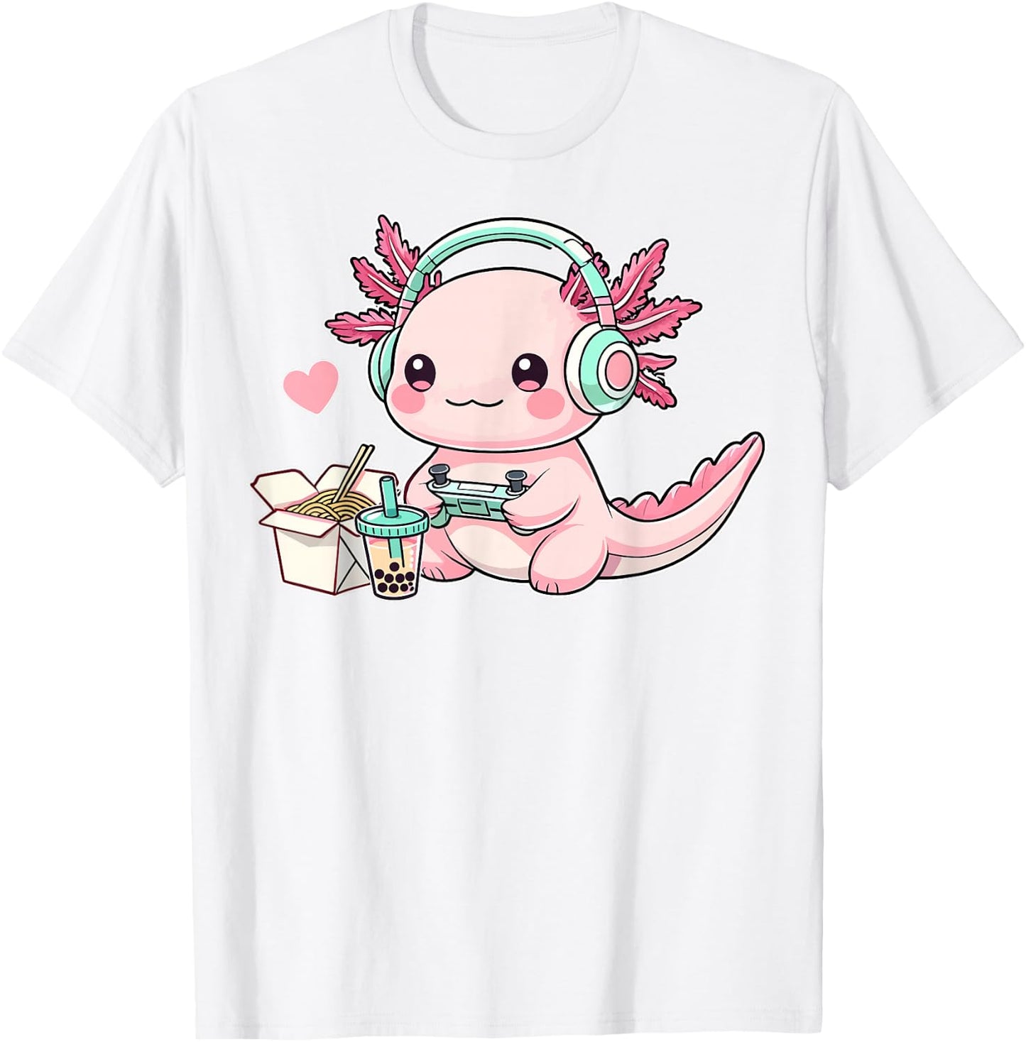 Chibi Axolotl Lover Headphone Gamer Cute Axolotl Graphic T-Shirt - T-Shirt | White
