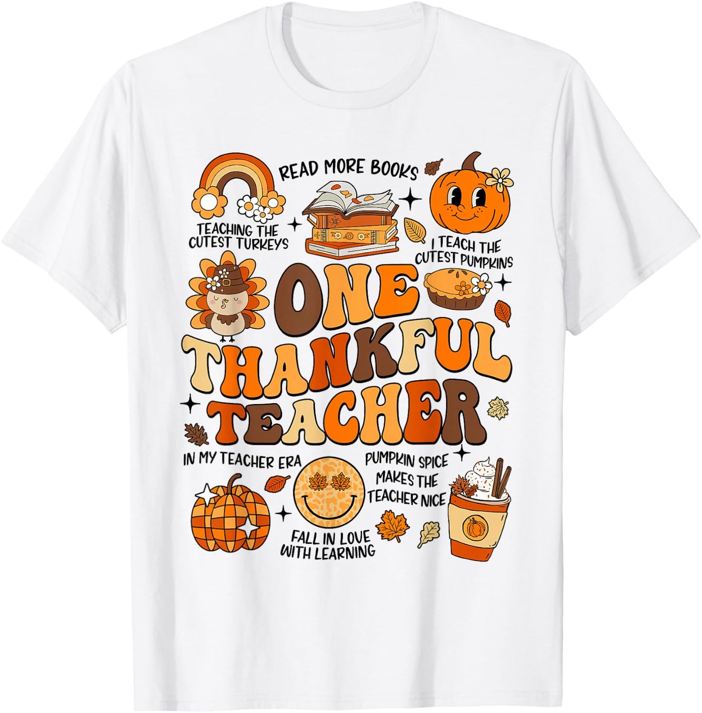 One Thankful Teacher Thanksgiving Retro Groovy Fall Teachers T-Shirt - T-Shirt | White