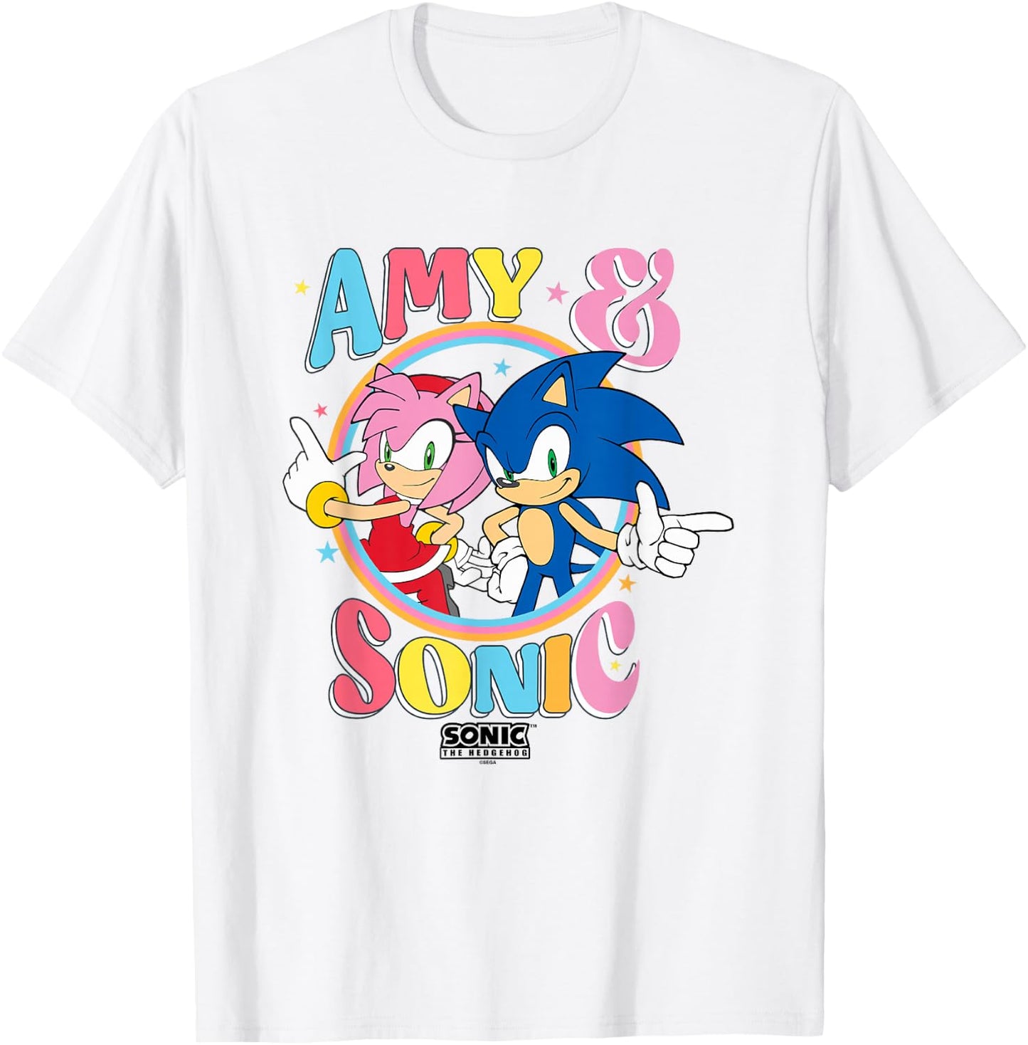 Sonic The Hedgehog Amy & Sonic Colorful Retro Portrait T-Shirt - T-Shirt | White
