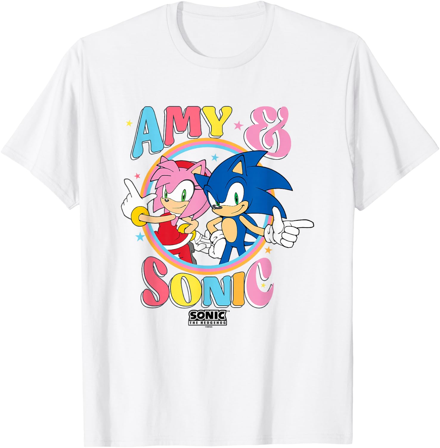 Sonic The Hedgehog Amy & Sonic Colorful Retro Portrait T-Shirt - T-Shirt | White