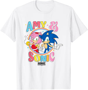 Sonic The Hedgehog Amy & Sonic Colorful Retro Portrait T-Shirt - T-Shirt | White