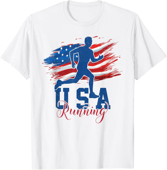 American Flag Running Runner 4th of July USA Support Team Kids Men T-Shirt - T-Shirt | White