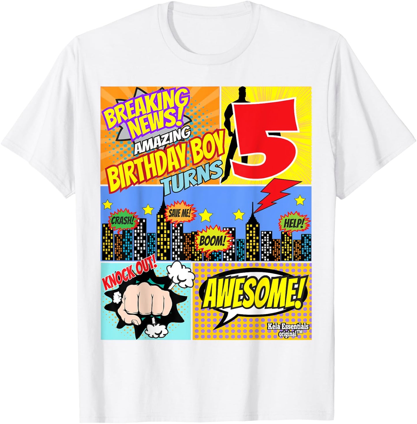 Birthday Boys Shirt Age 5 Superhero Comic Book Theme Party T-Shirt - T-Shirt | White