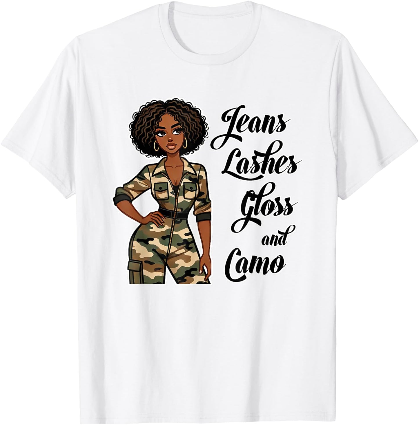 Jeans Lashes Gloss and Camo Black Woman Afro T-Shirt - T-Shirt | White