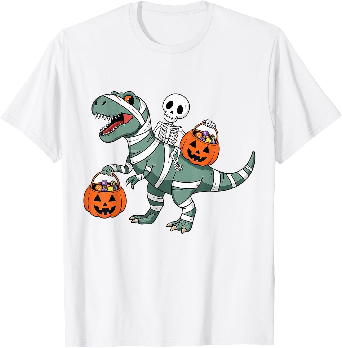 Skeleton Riding Mummy Dinosaur T rex Halloween Funny Pumpkin T-Shirt - T-Shirt | White