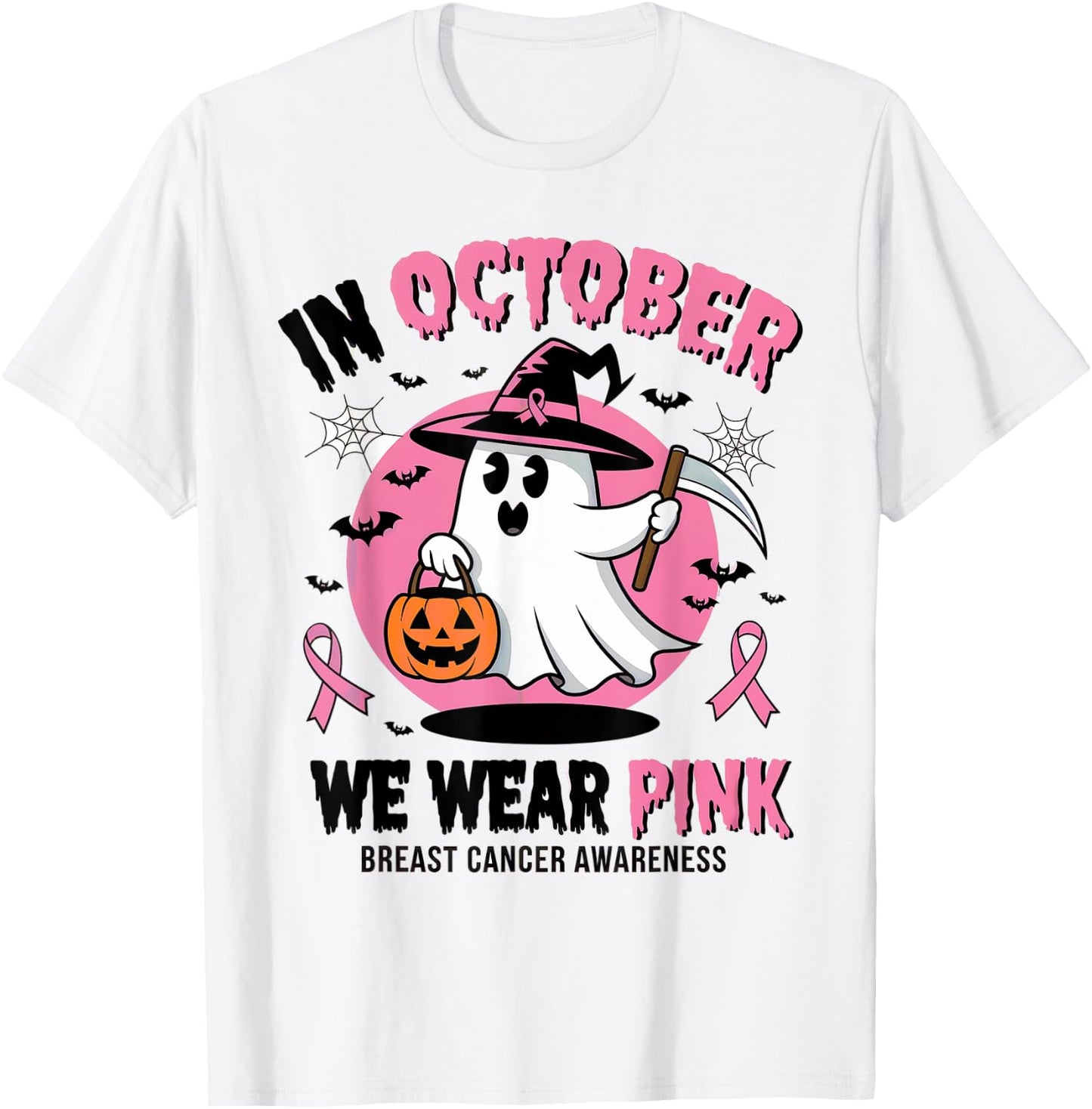 In October We Wear Pink Ghost Witch Breast Cancer Awareness T-Shirt - T-Shirt | White