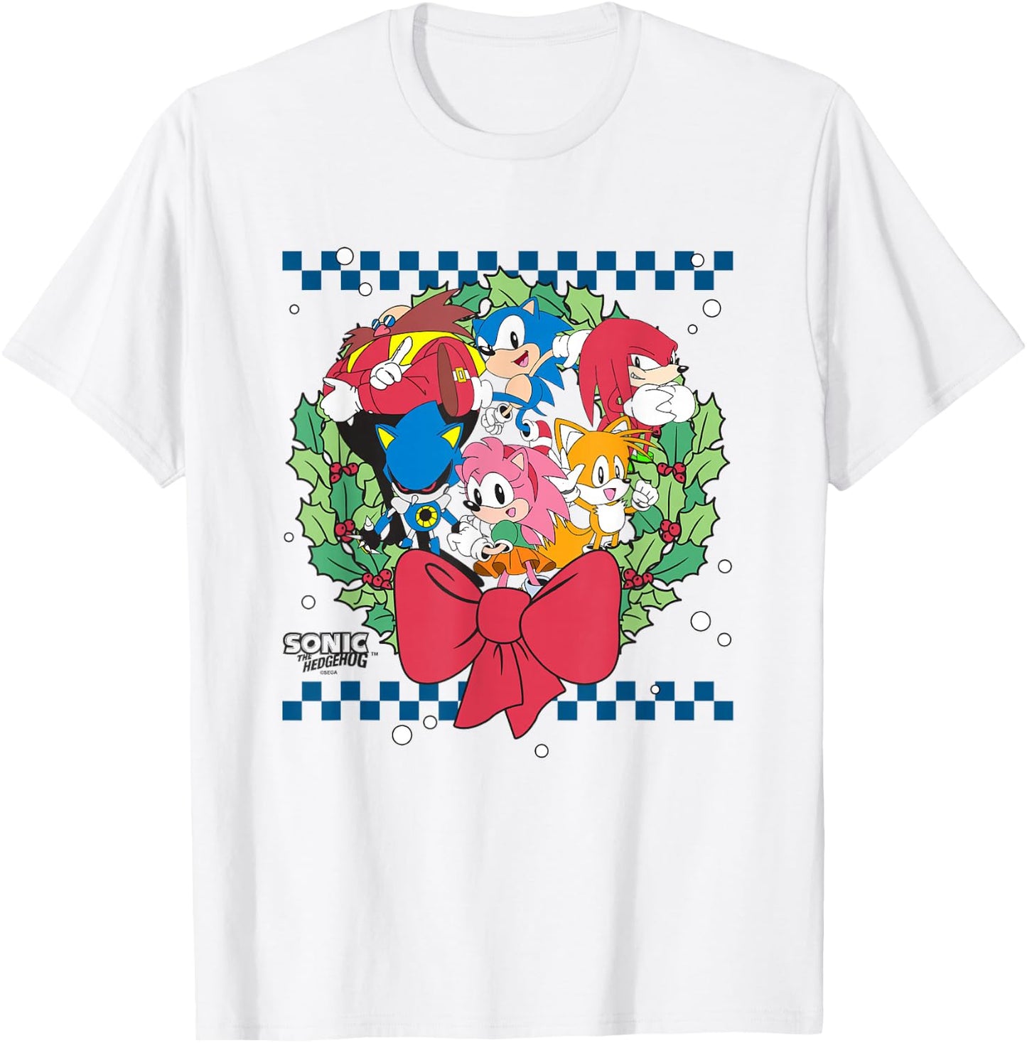 Sonic The Hedgehog Christmas Wreath Group Shot Chest Logo T-Shirt - T-Shirt | White