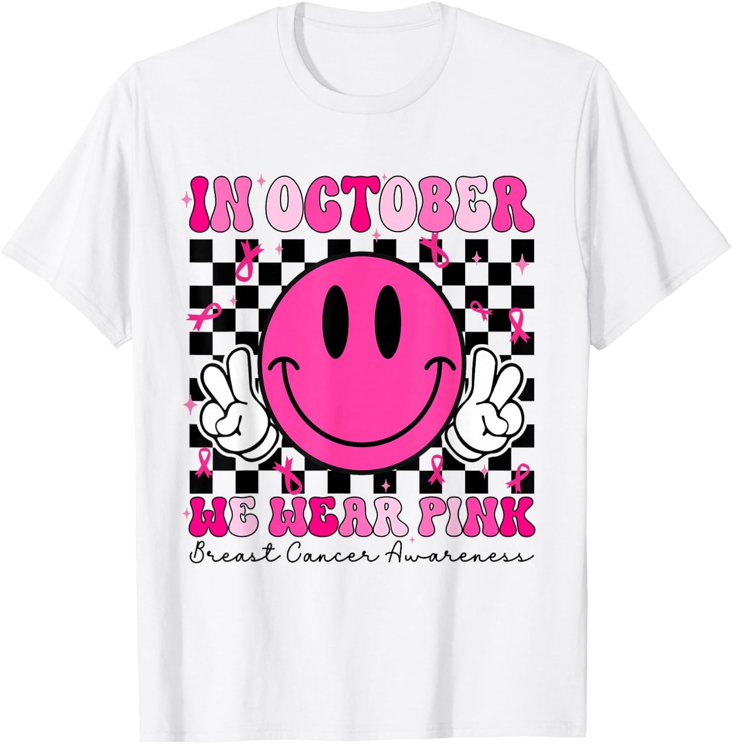 Groovy In October We Wear Pink Breast Cancer Awareness T-Shirt - T-Shirt | White
