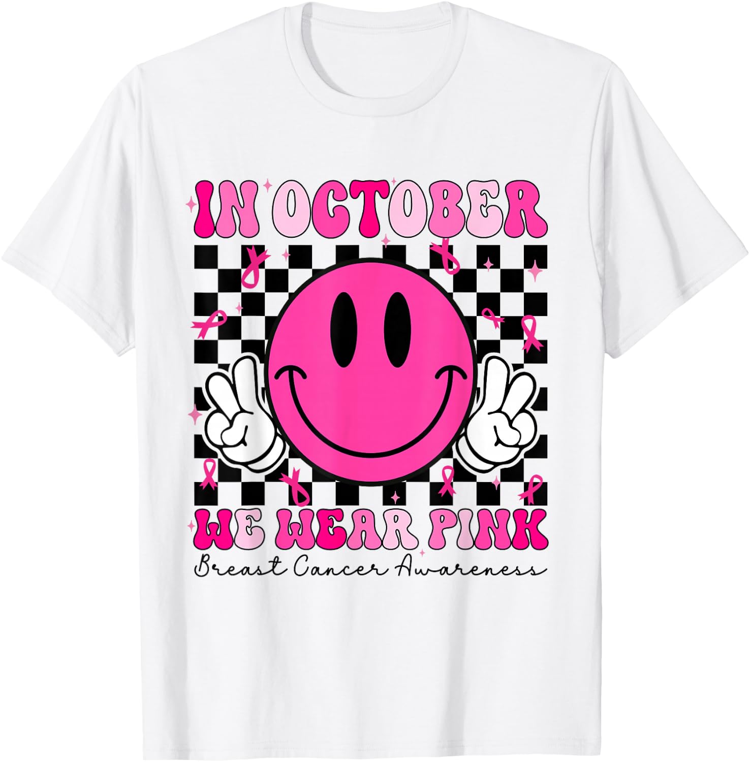 Groovy In October We Wear Pink Breast Cancer Awareness T-Shirt - T-Shirt | White