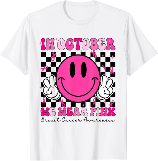 Groovy In October We Wear Pink Breast Cancer Awareness T-Shirt - T-Shirt | White