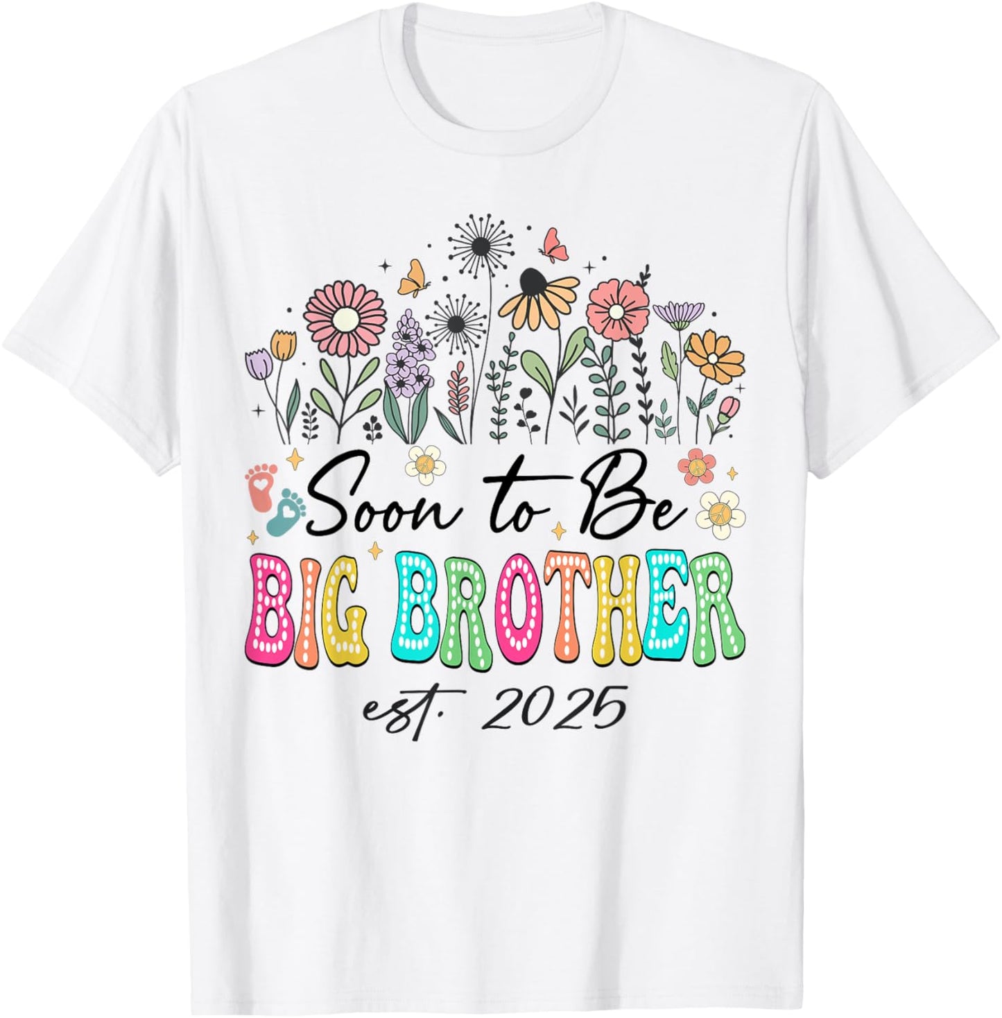 Soon To Be Big Brother Est. 2025 Floral Wildflower Hippie T-Shirt - T-Shirt | White
