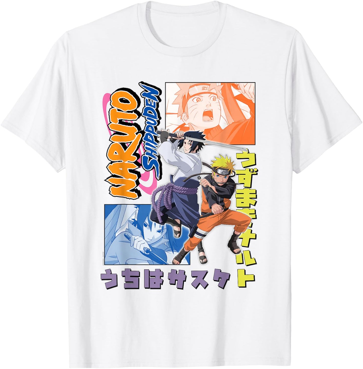 Naruto Shippuden Naruto Sasuke Kanji Collage Anime T-Shirt - T-Shirt | White