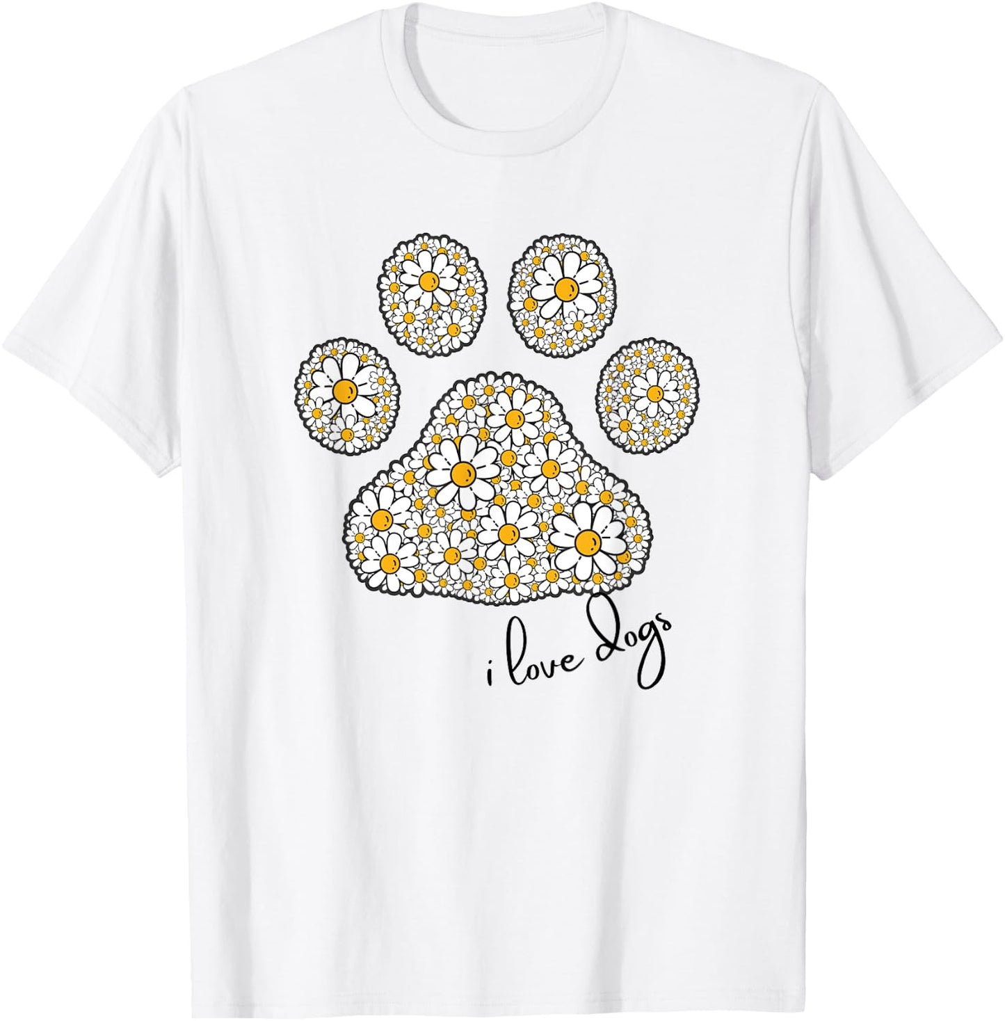 I Love Dogs for Girls Love Dog Paw Print Graphic Daisies T-Shirt - T-Shirt | White