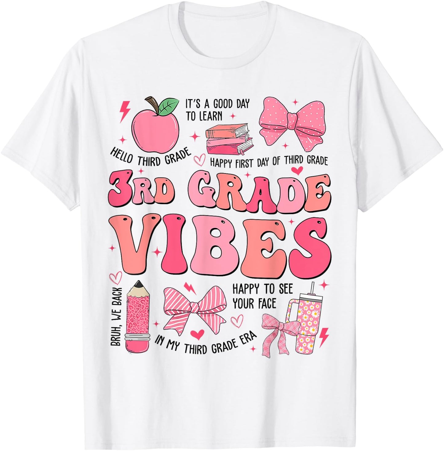 Girls 3rd Grade Vibes Coquette Bow Back to School Teacher T-Shirt - T-Shirt | White