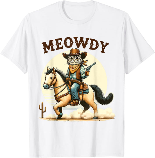 Meowdy Partner Cat Cowboy Horse Howdy Funny Country Western T-Shirt - T-Shirt | White