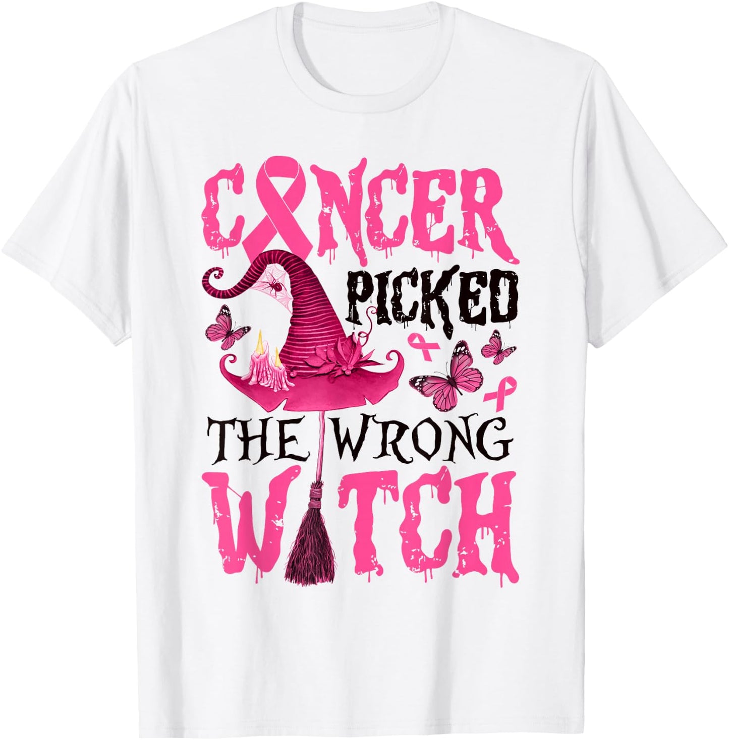 Breast Cancer Picked The Wrong Witch Halloween Women Girls T-Shirt - T-Shirt | White
