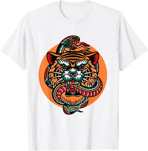 Tiger Snake Traditional Tattoo Flash Alternative Edgy Trendy T-Shirt - T-Shirt | White