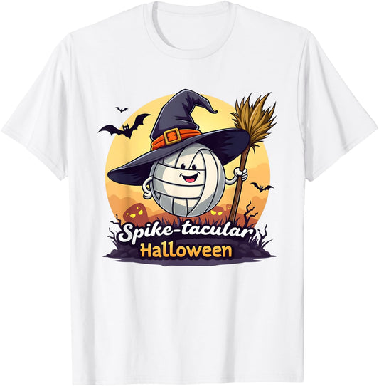 Spike-tacular Halloween Volleyball Witch Broom T-Shirt - T-Shirt | White