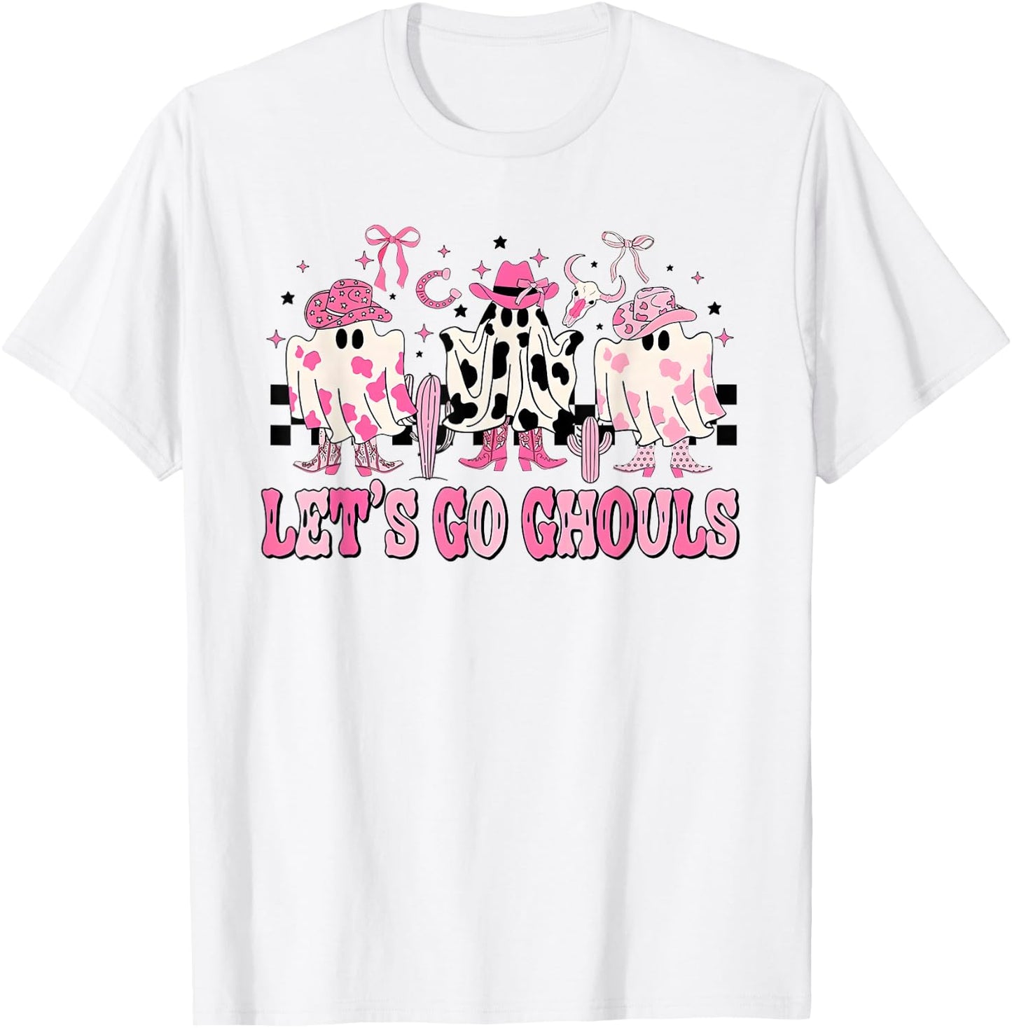 Lets Go Ghouls Groovy Pink Ghost Halloween Western Cowgirl T-Shirt - T-Shirt | White