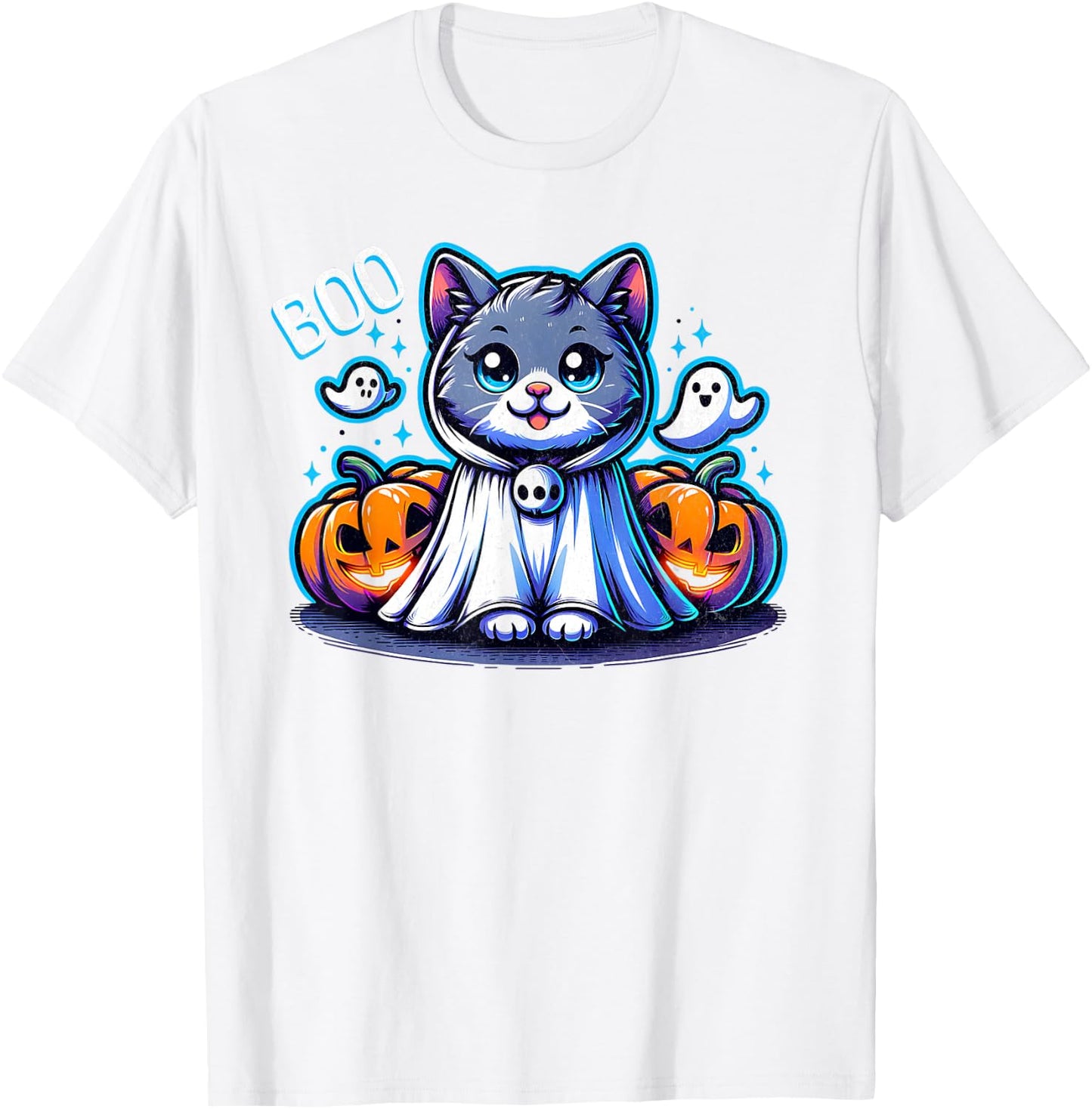 Ghost Cat Boo Funny Cat Pumpkin BOO Kitty Cat Halloween Women Kids T-Shirt - T-Shirt | White