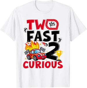 Two Fast 2 Curious Race Car 2nd Birthday Boys Family kids T-Shirt - T-Shirt | White