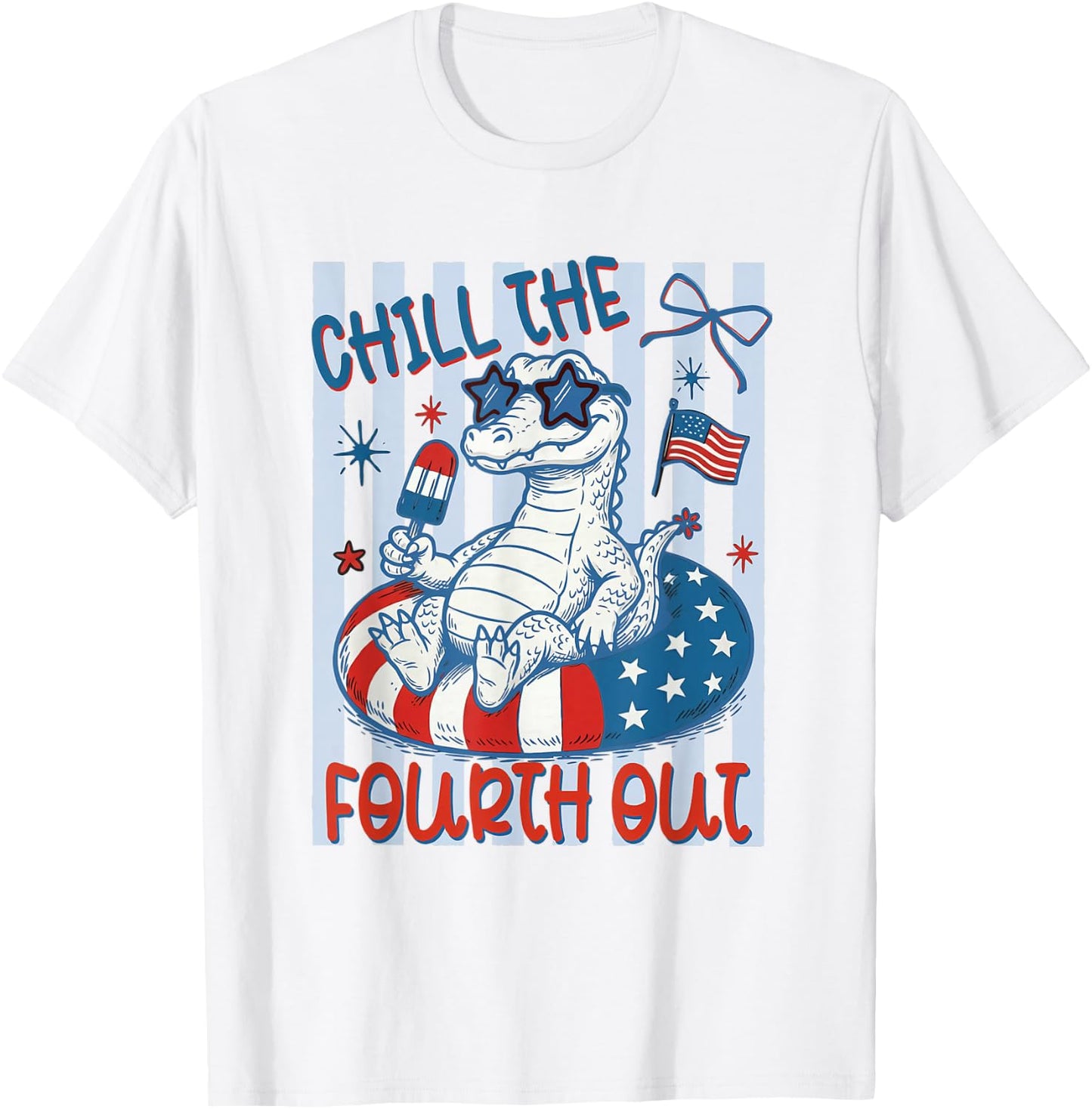 Striped Chill the Fourth Out Crocodile American Flag Gator T-Shirt - T-Shirt | White