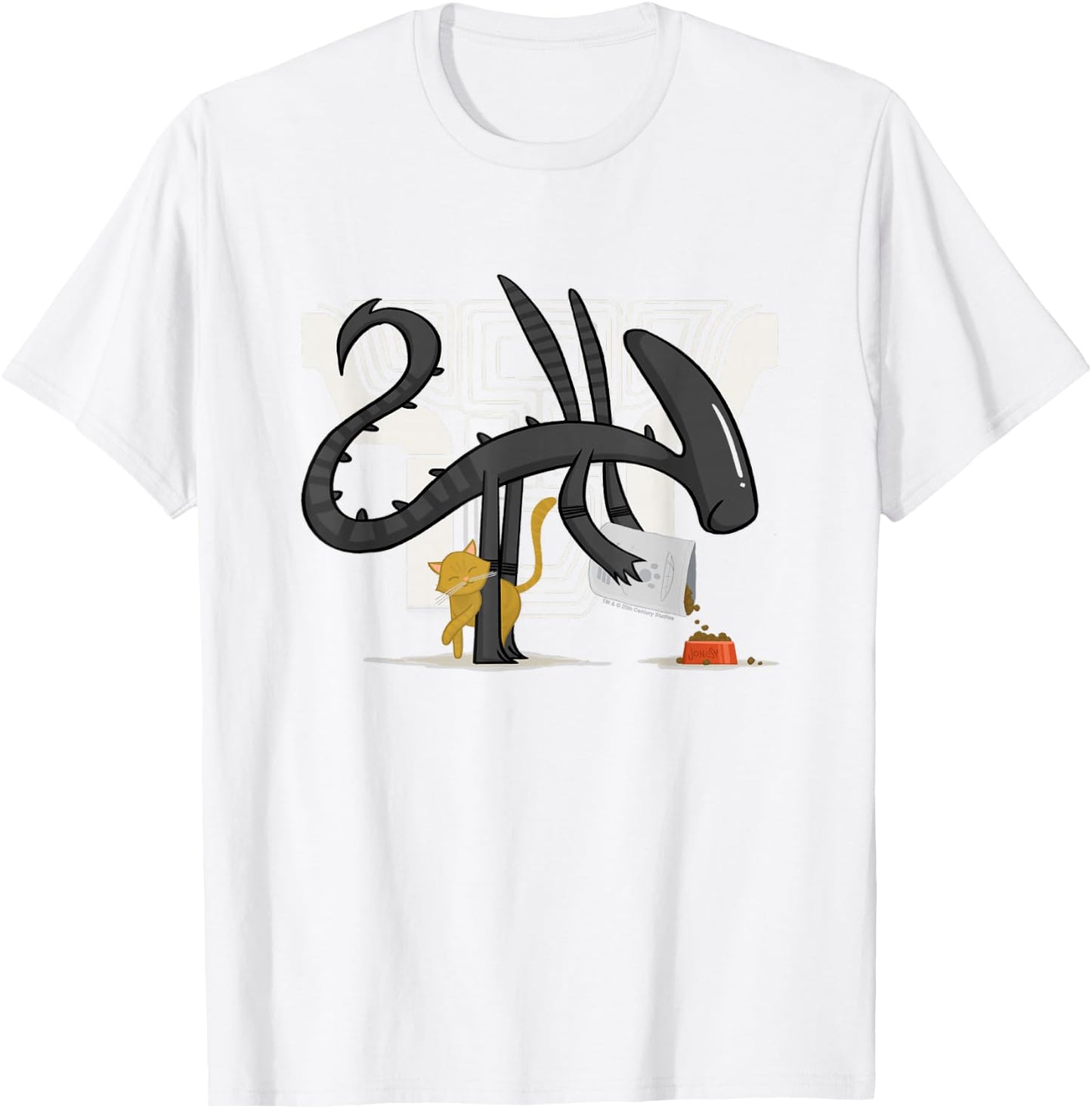 Aliens Cute Animated Xenomorph Feeding Cat Big Chest Logo T-Shirt - T-Shirt | White