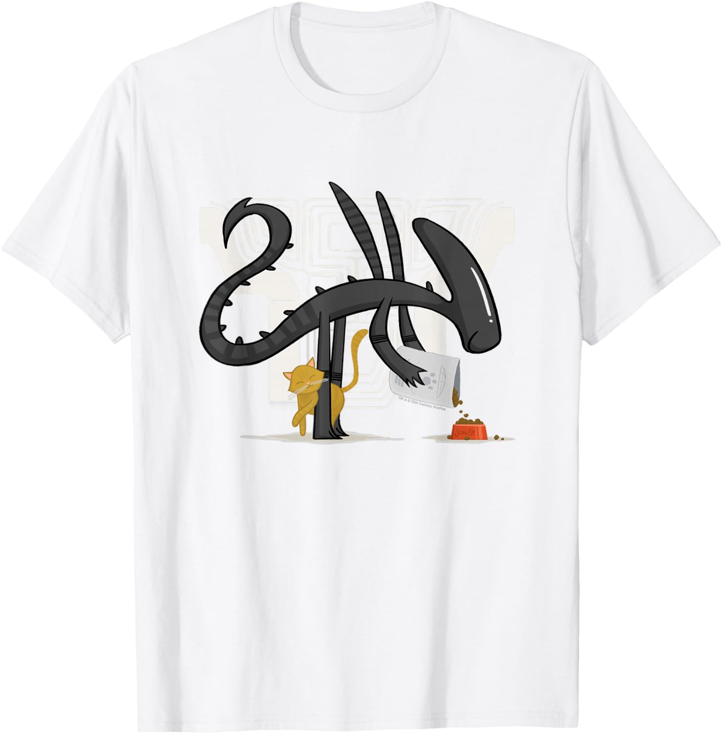 Aliens Cute Animated Xenomorph Feeding Cat Big Chest Logo T-Shirt - T-Shirt | White