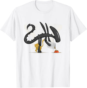 Aliens Cute Animated Xenomorph Feeding Cat Big Chest Logo T-Shirt - T-Shirt | White