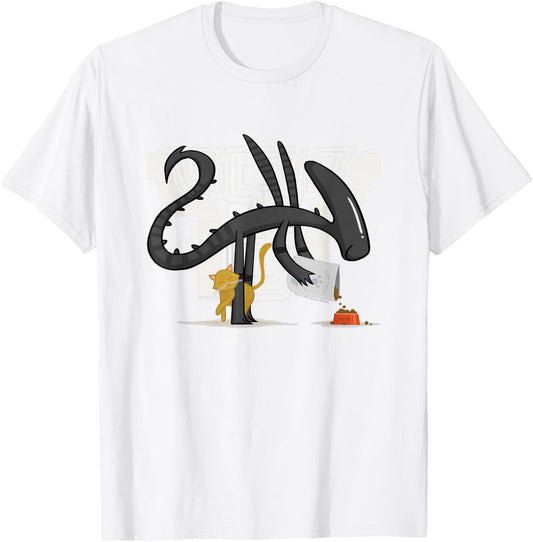 Aliens Cute Animated Xenomorph Feeding Cat Big Chest Logo T-Shirt - T-Shirt | White