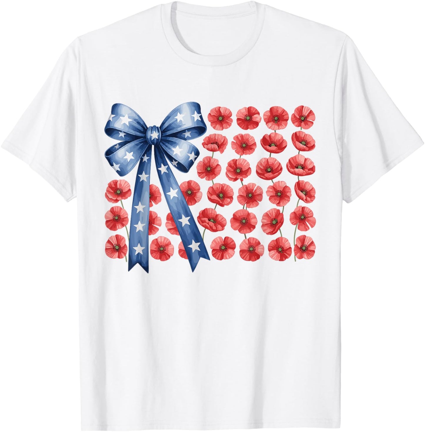 Floral 4th Of July Bow American Flag Flowers USA T-Shirt - T-Shirt | White
