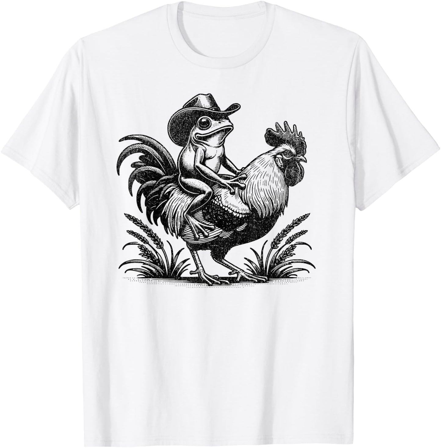 Funny Frog With Cowboy Hat Riding Rooster Country Life T-Shirt - T-Shirt | White