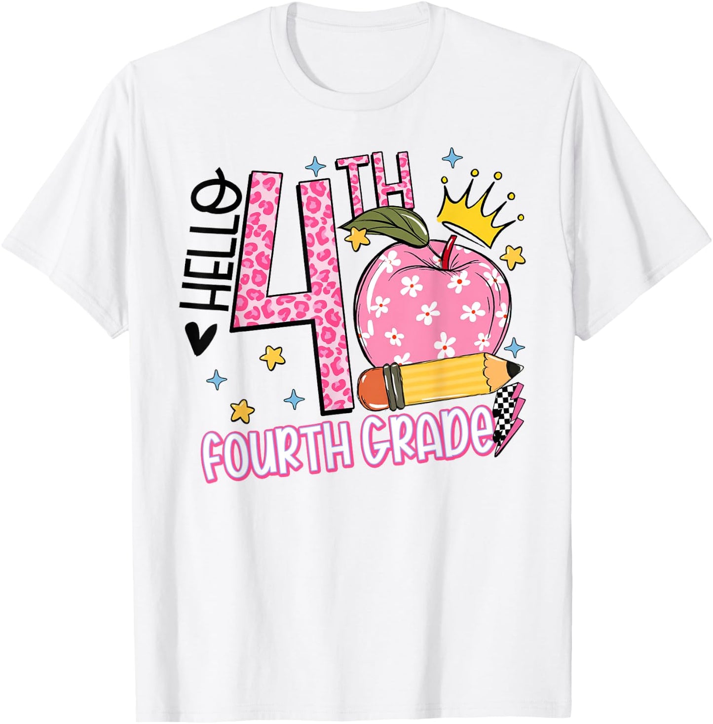 Hello 4th Fourth Grade Back To School Teacher Pink Leopard Women Girls Kids T-Shirt - T-Shirt | White