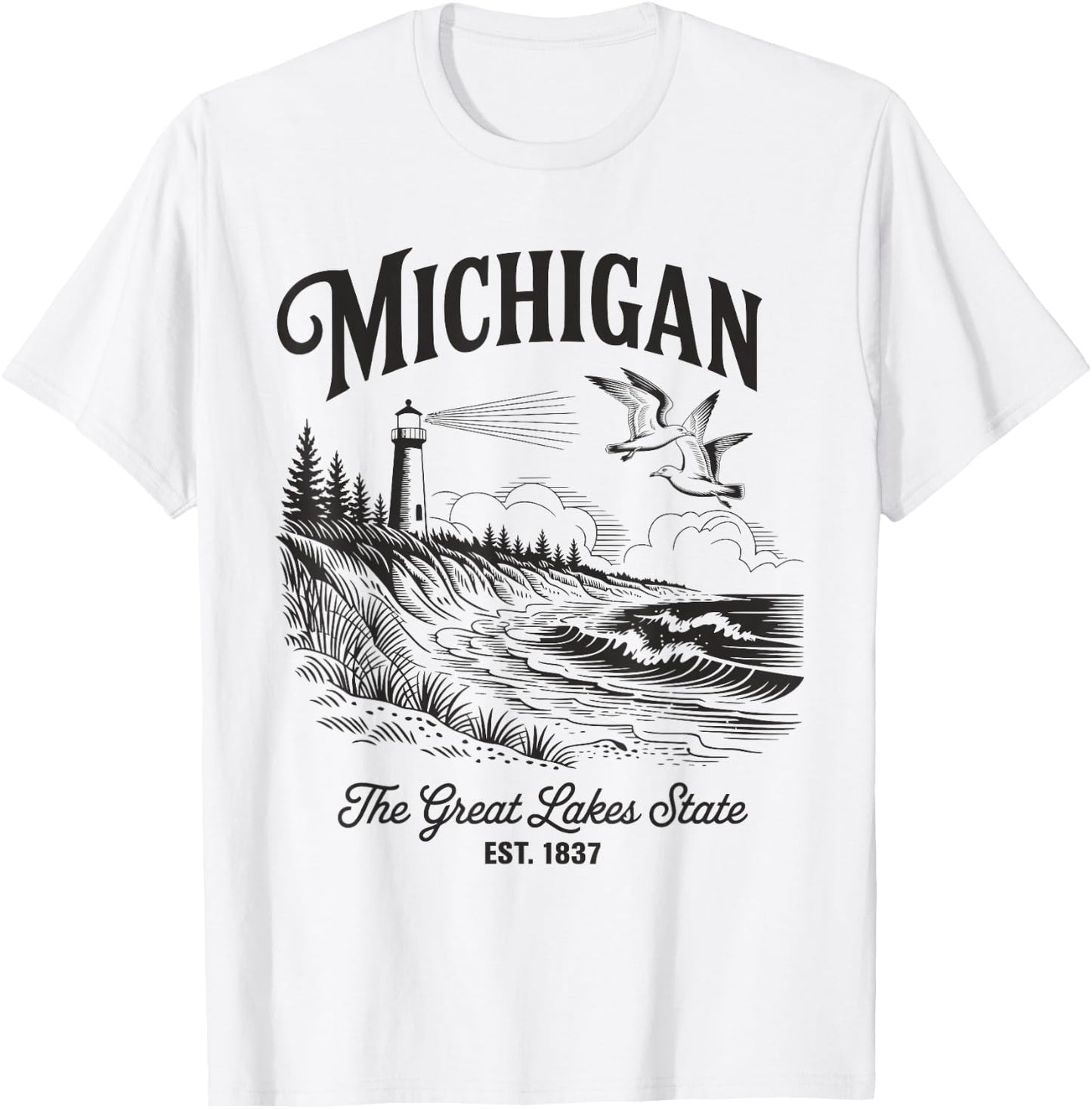 Michigan Lighthouse Waves Scene The Great Lakes State Nature T-Shirt - T-Shirt | White
