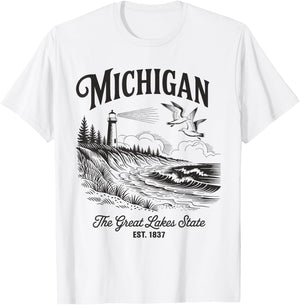 Michigan Lighthouse Waves Scene The Great Lakes State Nature T-Shirt - T-Shirt | White