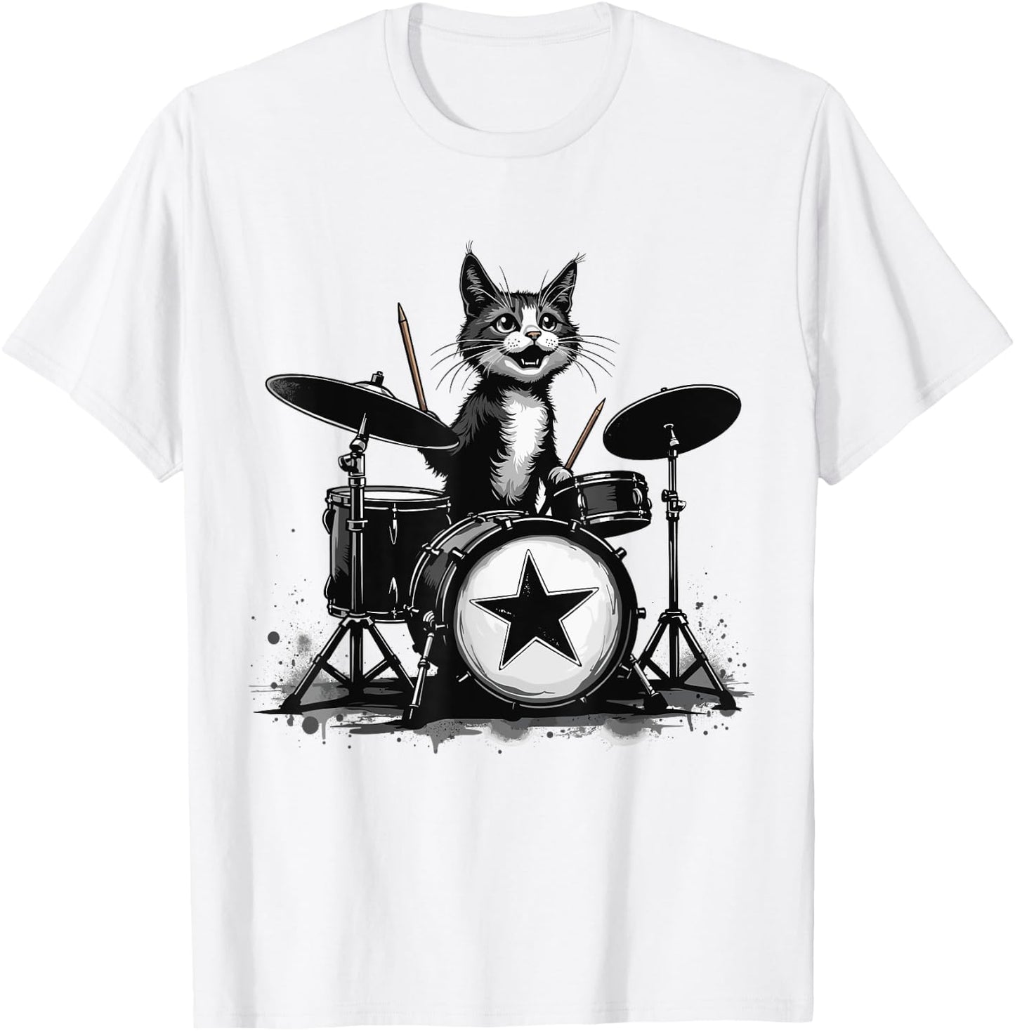Punk Rockstar Kitten Kitty Cat Drummer Playing Drums Graphic T-Shirt - T-Shirt | White